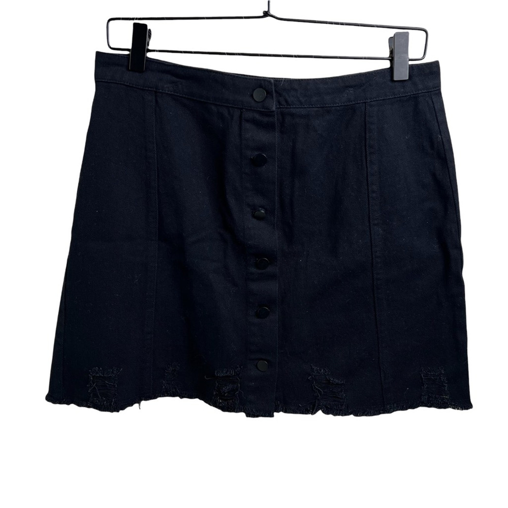 Whiskey Grade Womens Dynomite Denim Skirt Black Distressed Button Fly L New